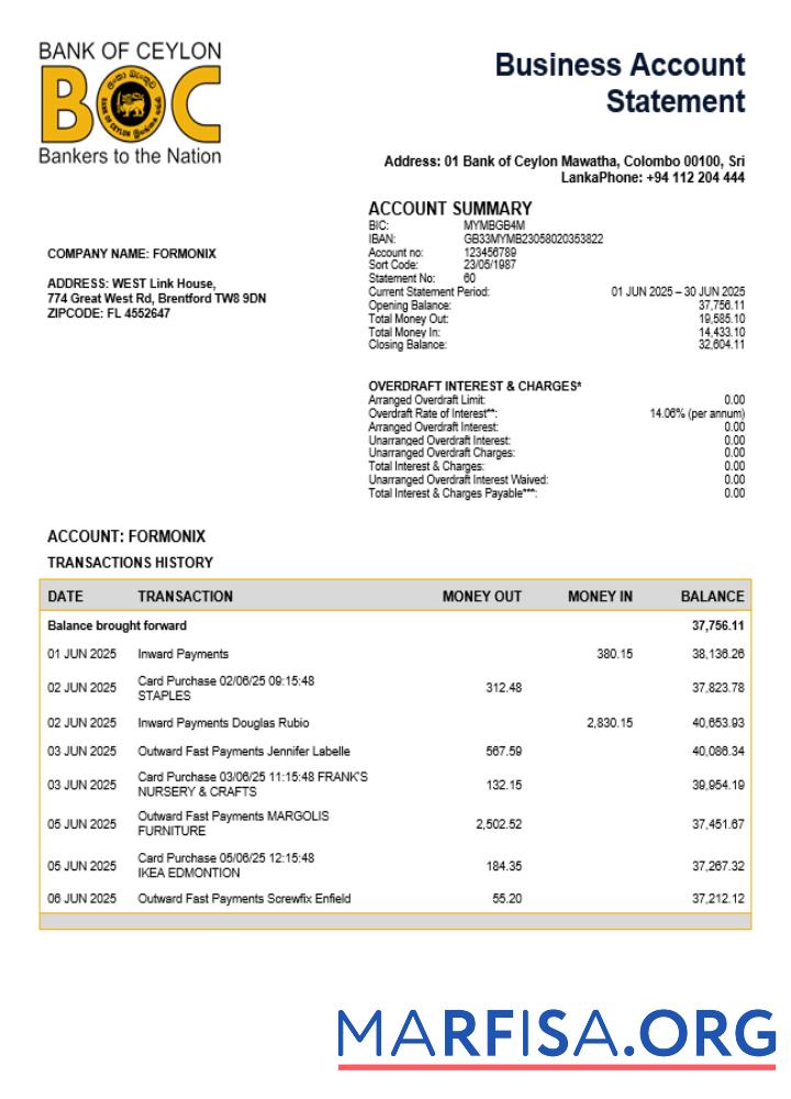Downloadable Sri Lanka Bank of Ceylon firm account statement Word and PDF template